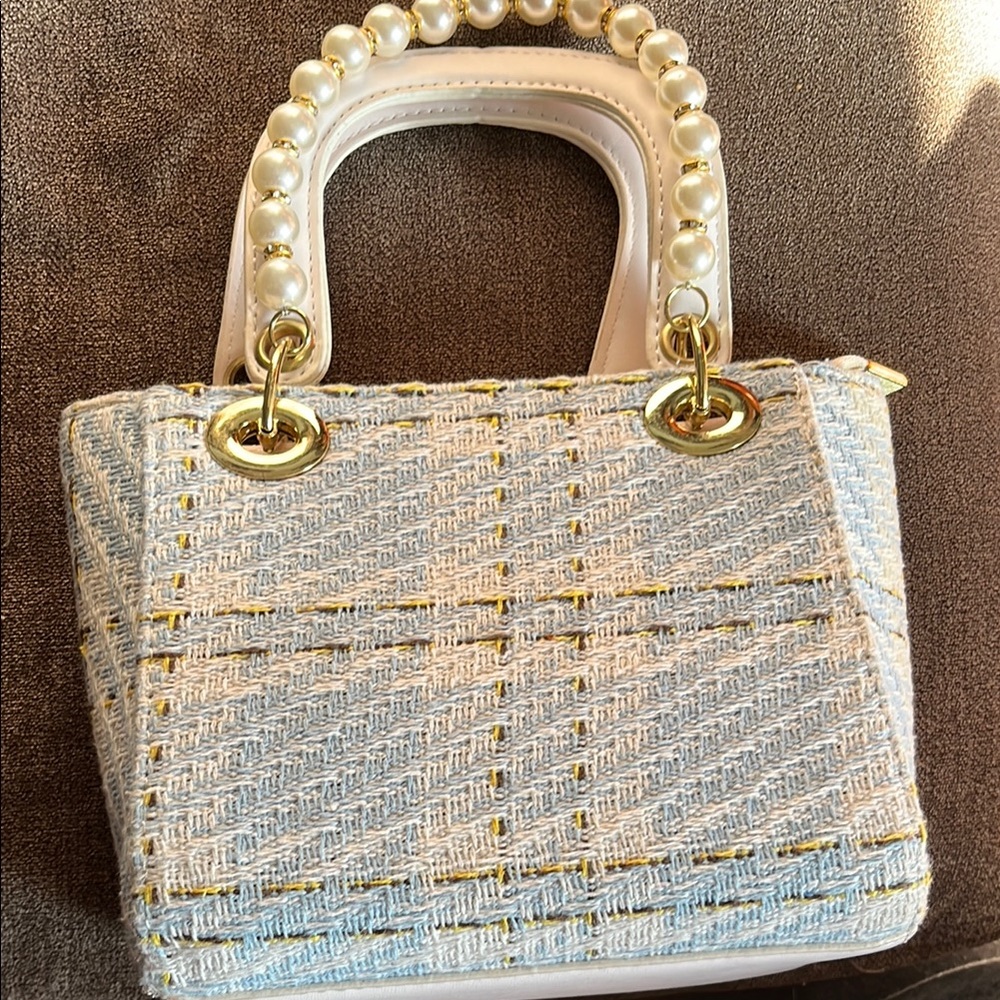 Chic Tweed Handbag with Pearl Handle